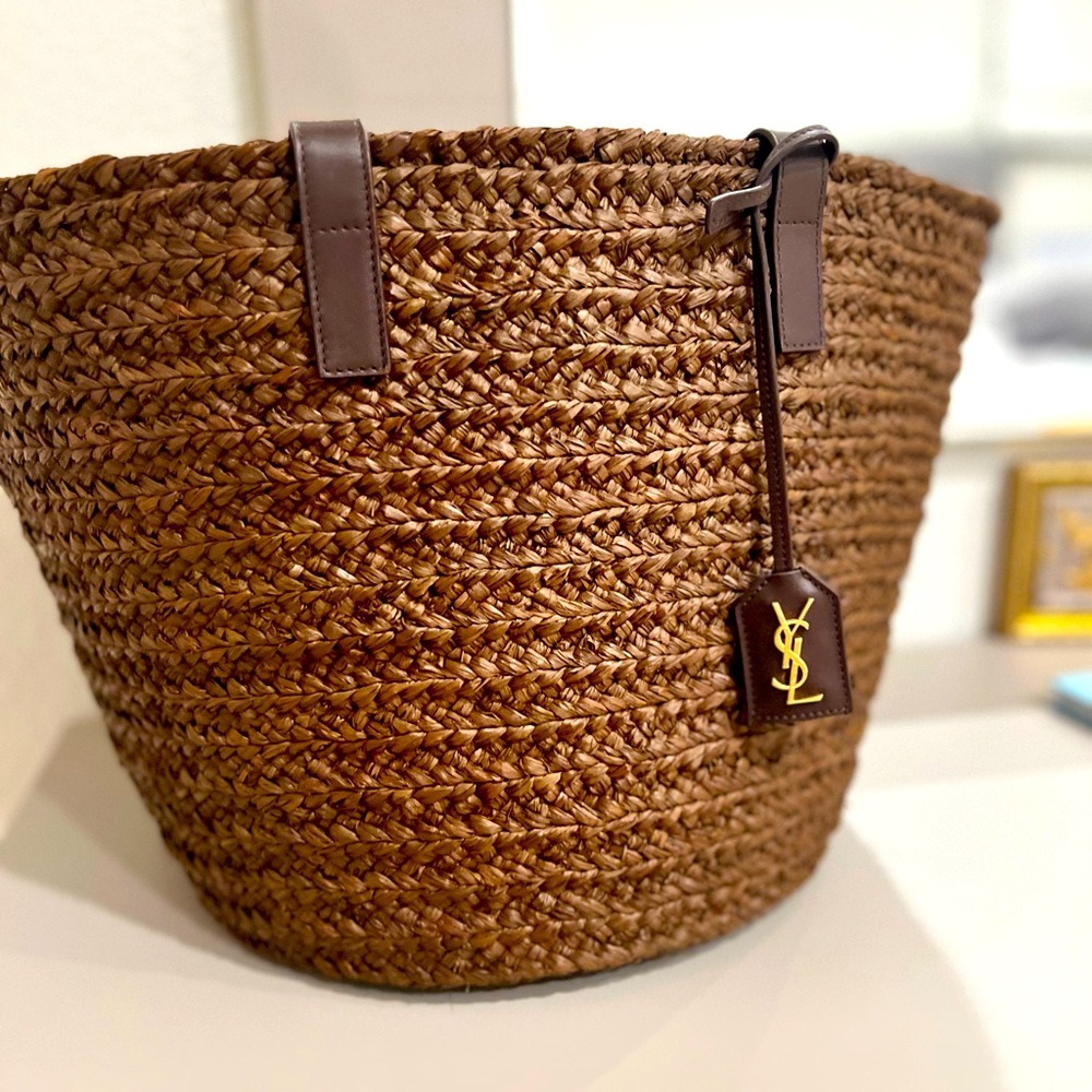 saint laurent raffia tote bag brown, large